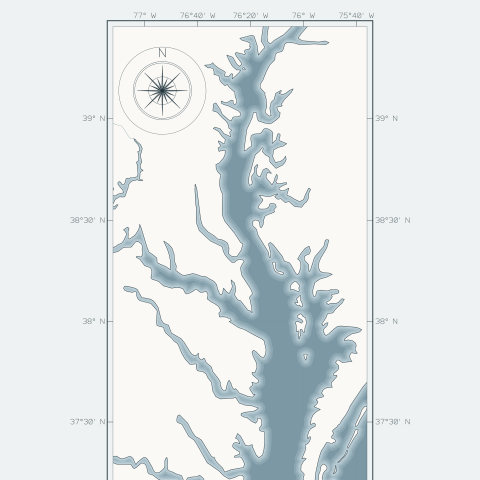 A stylized chart of Chesapeake Bay in tinted bands of blue