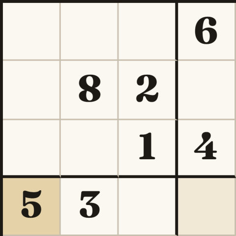 Part of a sudoku board on cream paper: bold black digits 6, 8, 2, 1, 4, 5 and 3 among blank squares, one square shaded tan