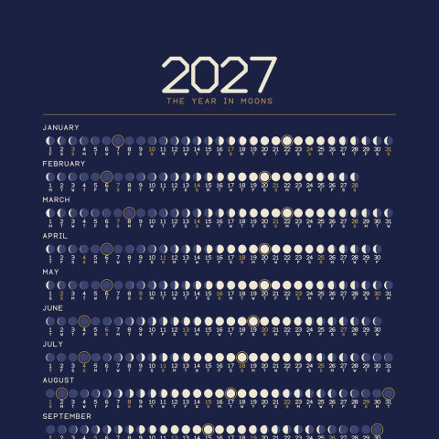 A deep indigo calendar headed 2027, The Year in Moons, with a row of small moon phases for each month