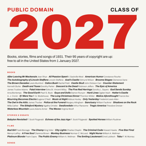 A poster headed Public Domain, Class of 2027, with 2027 in large red figures above a list of book titles