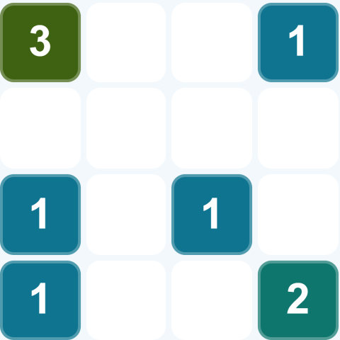 Part of a puzzle board: blue, green and olive squares holding the numbers 1, 2 and 3 among blank squares